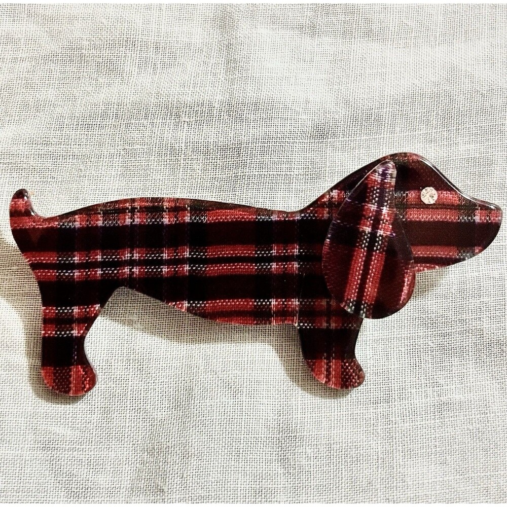 Vintage Dachshund Scotty Dog Brooch Red Plaid Lucite Rhinestone Eye Pin